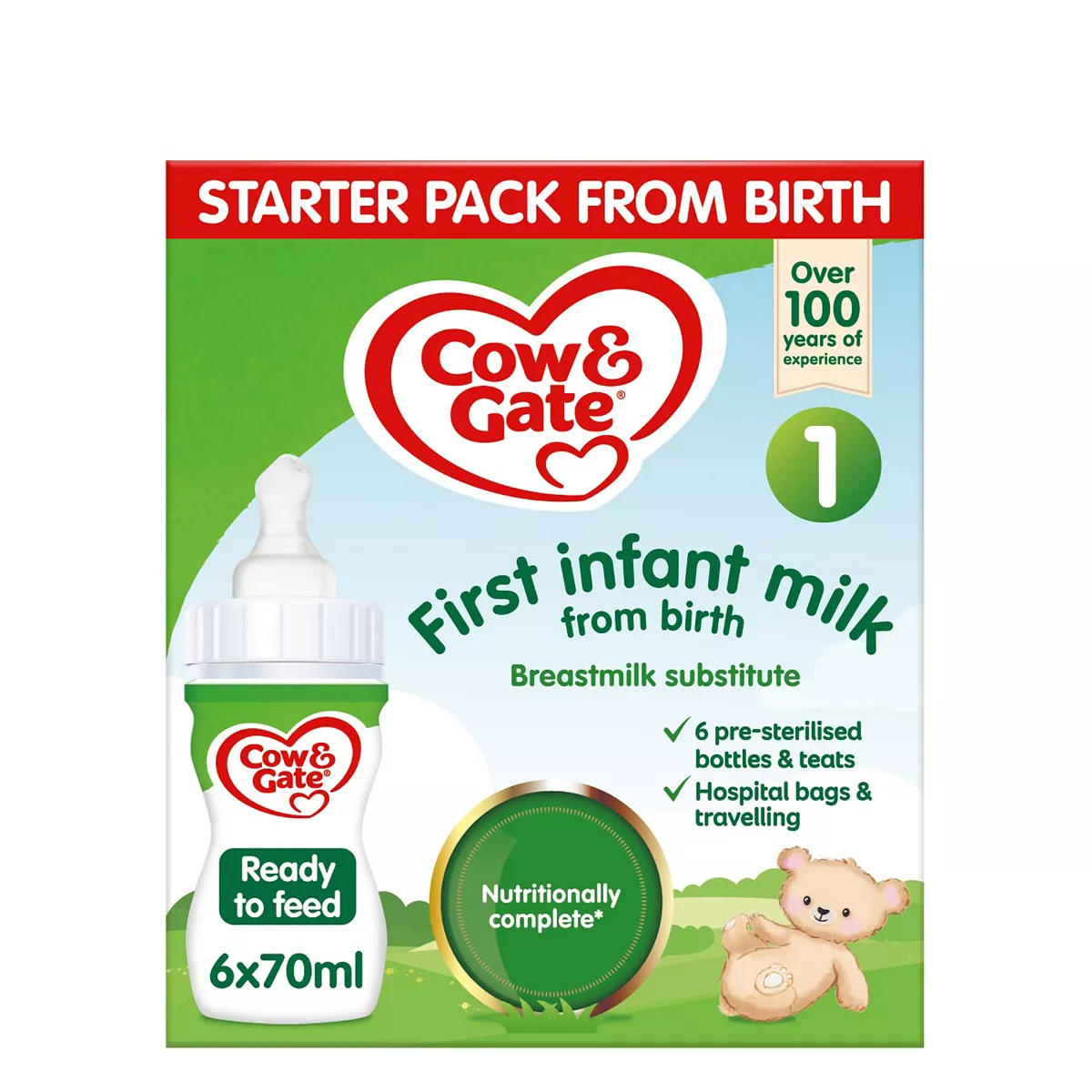 Cow & Gate 1 First Infant Baby Milk Liquid Formula Starter Pack Ready to Feed From Birth 6x70ml