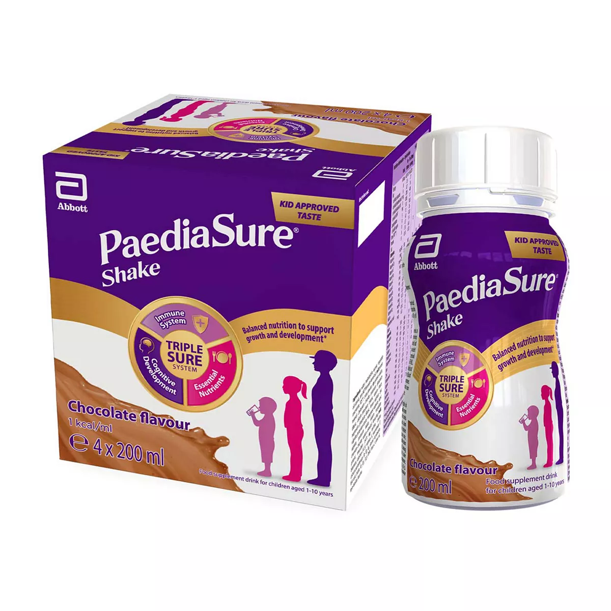 PaediaSure Shake, 4 x 200ml, Chocolate, Multivitamin Ready-to-Drink Supplement for Kids 1-10 Yrs, Vegetarian
