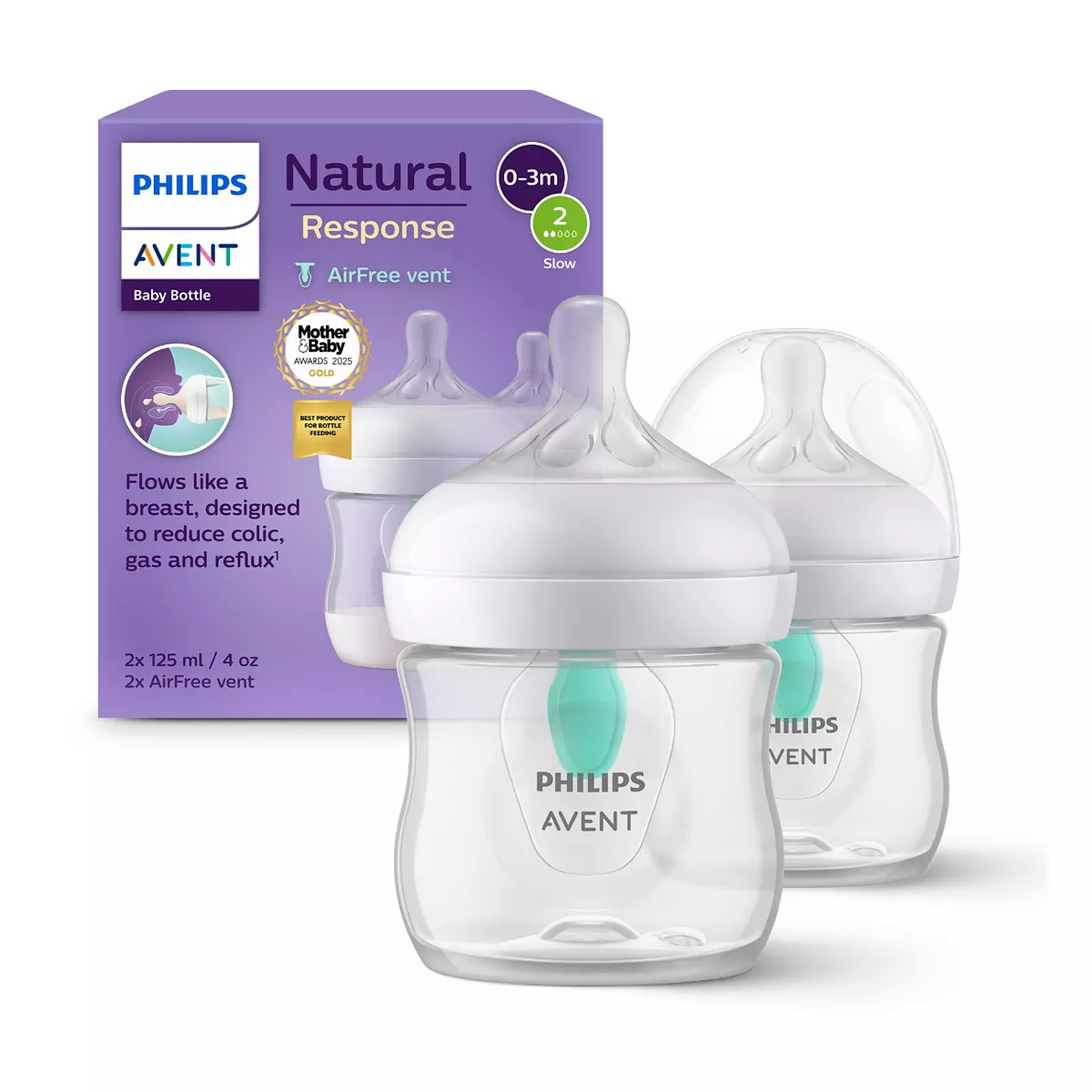 Philips Avent Natural Response Bottle With AirFree Vent Slow Flow 2 Teat 2x 125ml SCY670/02