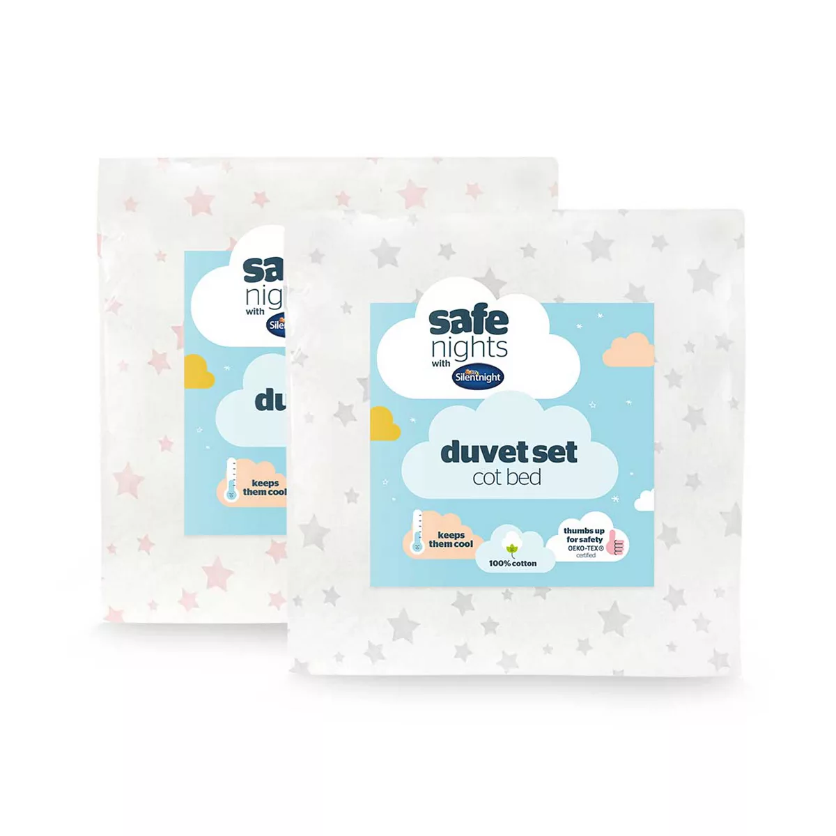 Silentnight Safe Nights Duvet Cover Set - Grey Star & Pink Star - 2 Pack