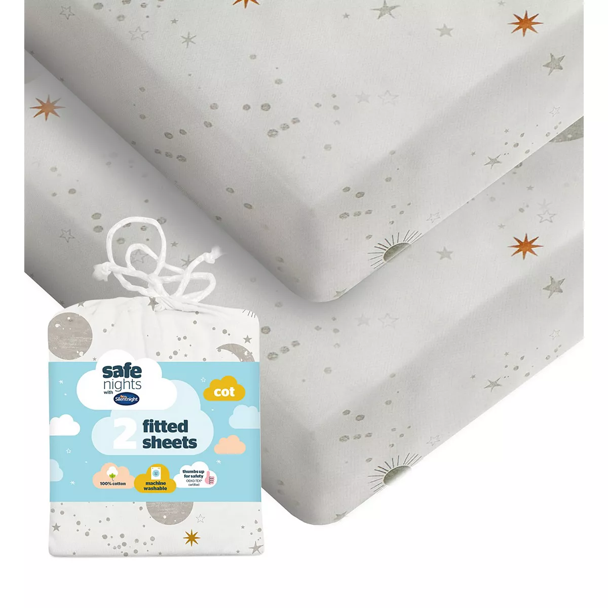 Silentnight Safe Nights Fitted Sheet - Cot - Celestial - 2 Pack