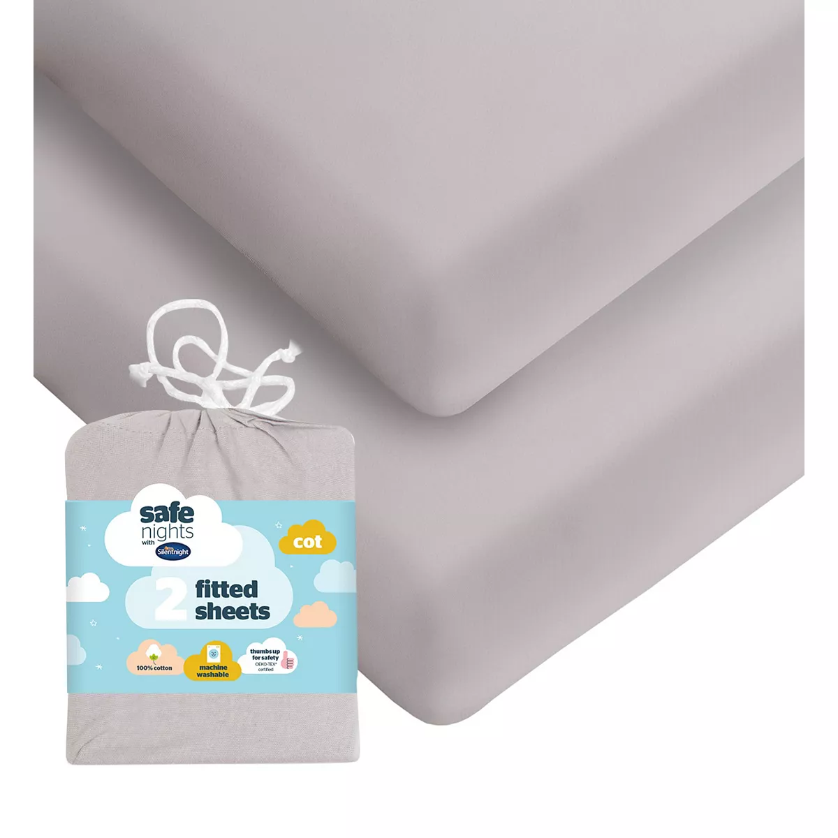 Silentnight Safe Nights Fitted Sheet - Cot Bed - Grey - 2 Pack