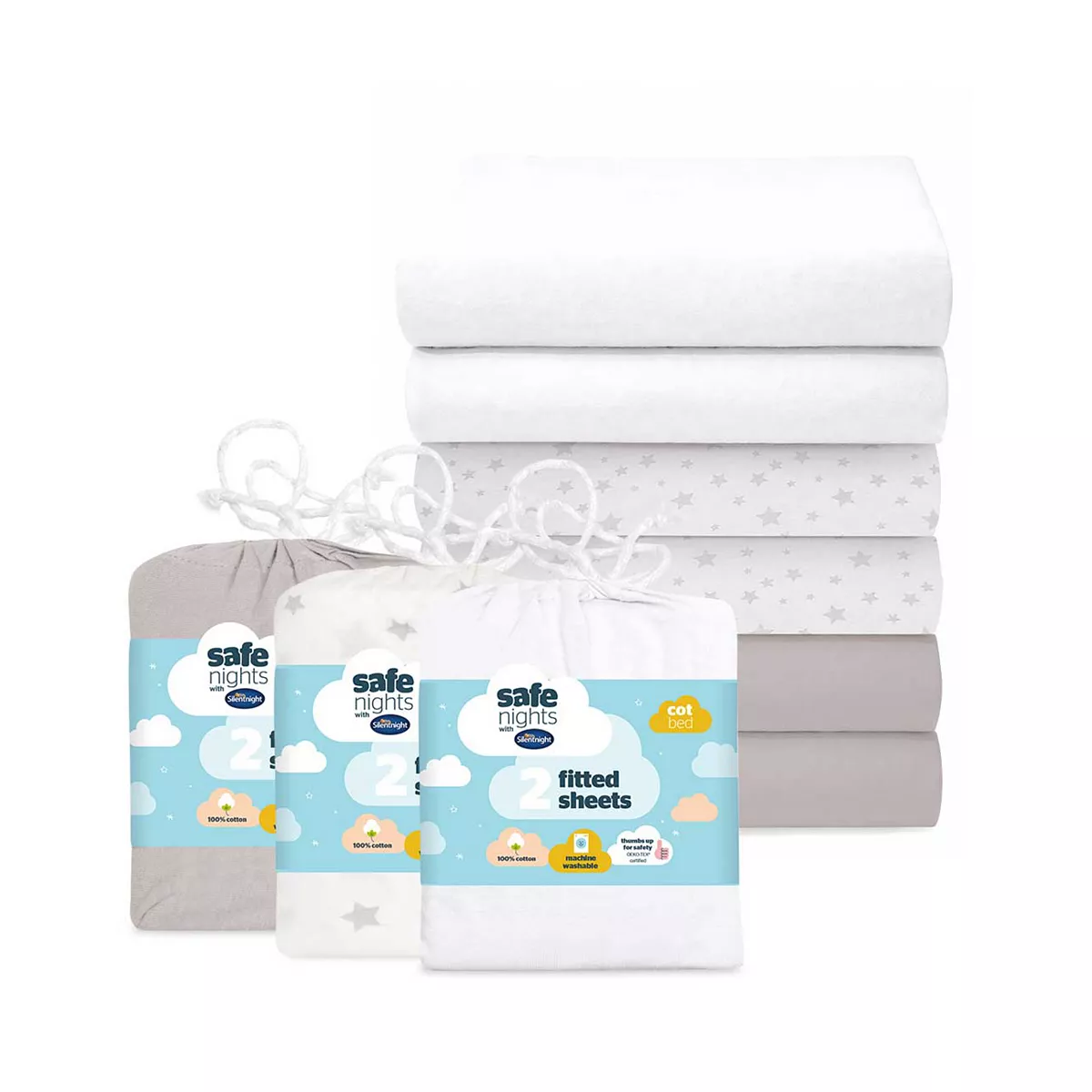 Silentnight Safe Nights Fitted Sheet Bundle - Grey/Grey Star & White