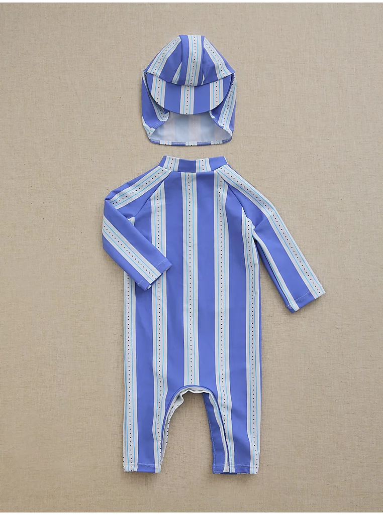 Little Edit Blue Striped Sun Safe Swimsuit and Hat