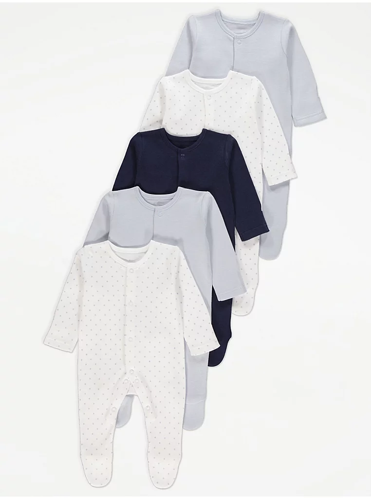 Blue Star Print Long Sleeve Sleepsuits 5 Pack