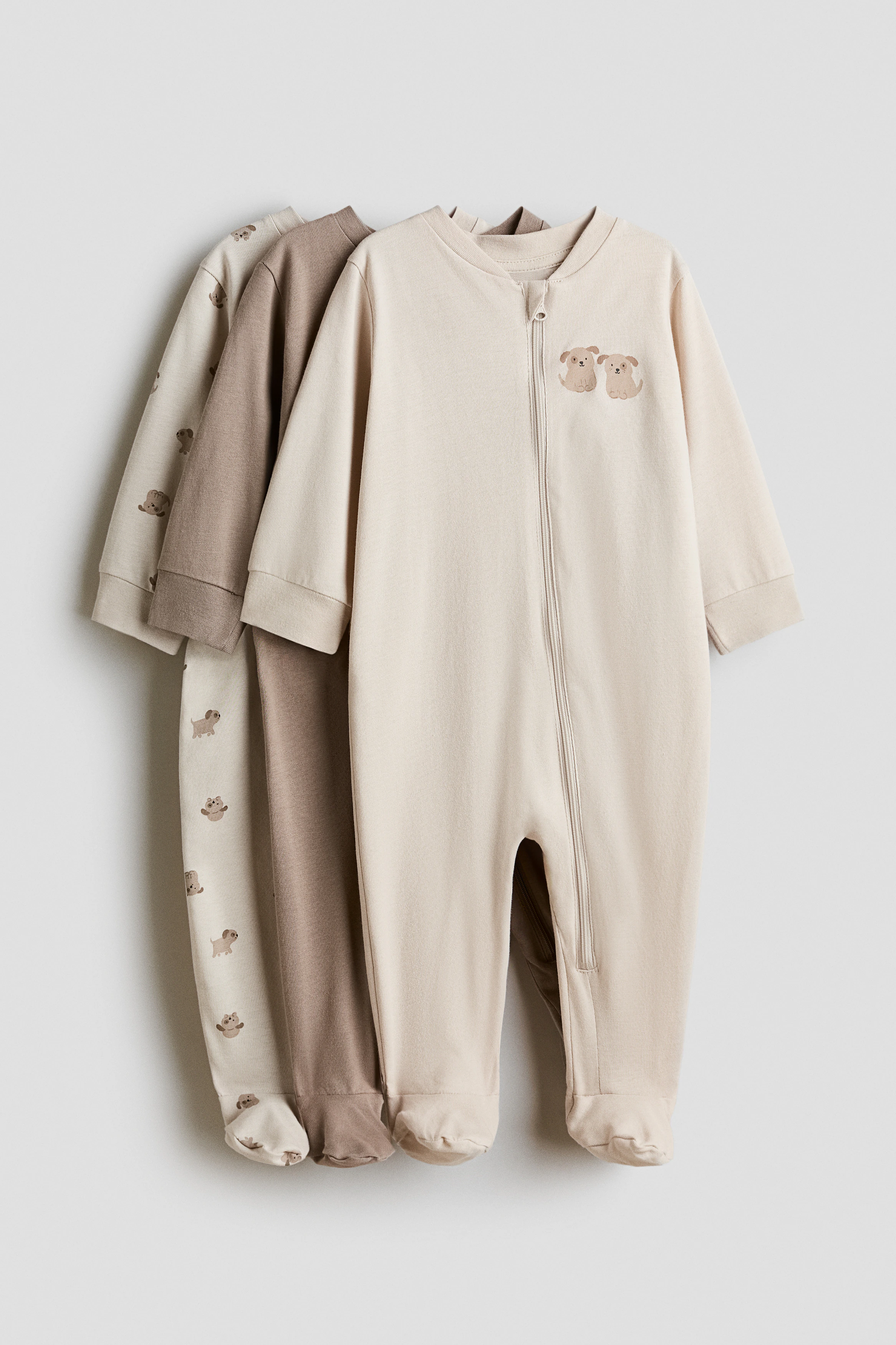 3-pack zip-up sleepsuits — Beige/Puppies