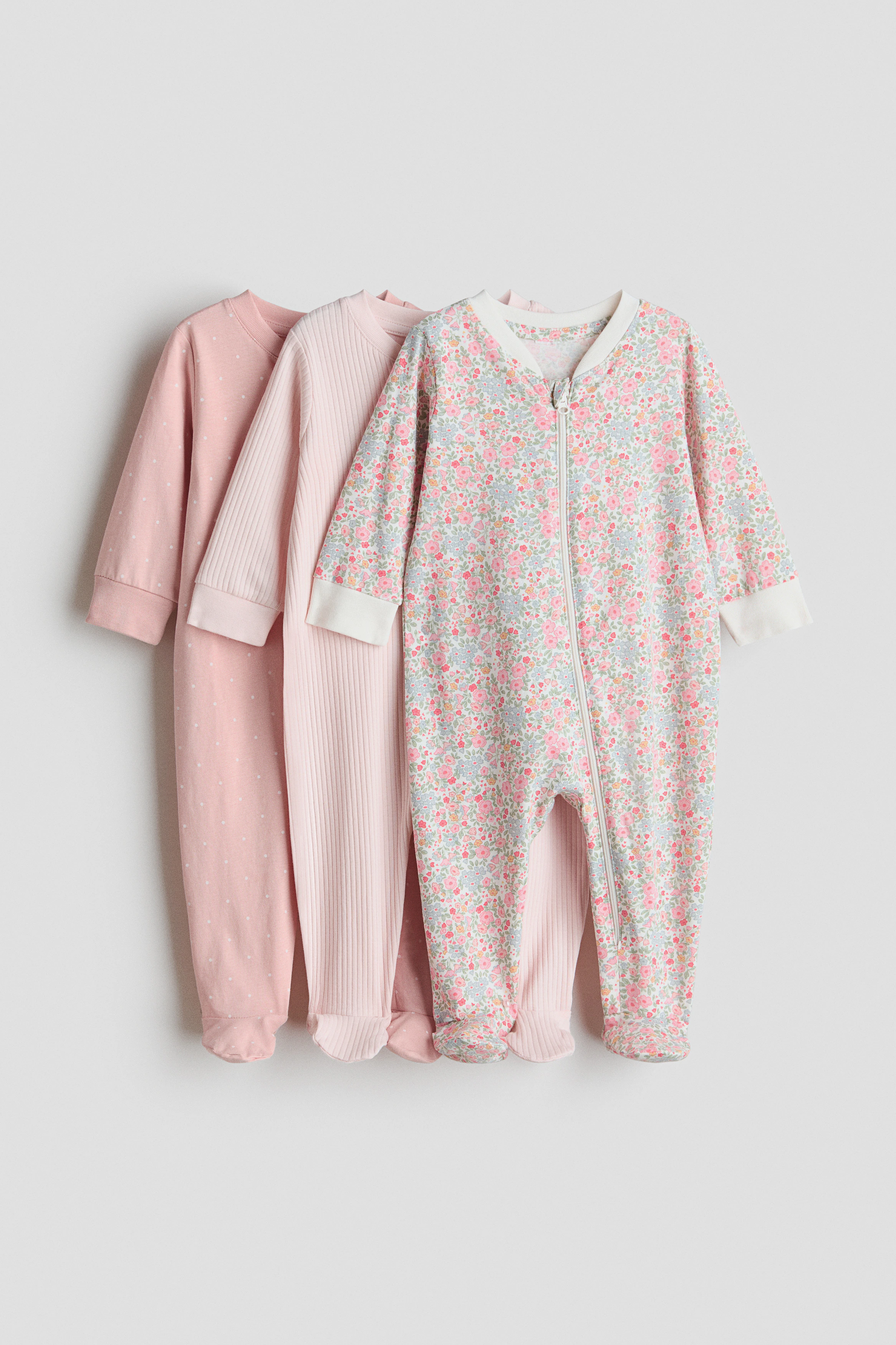 3-pack zip-up sleepsuits — Dusty pink/Floral