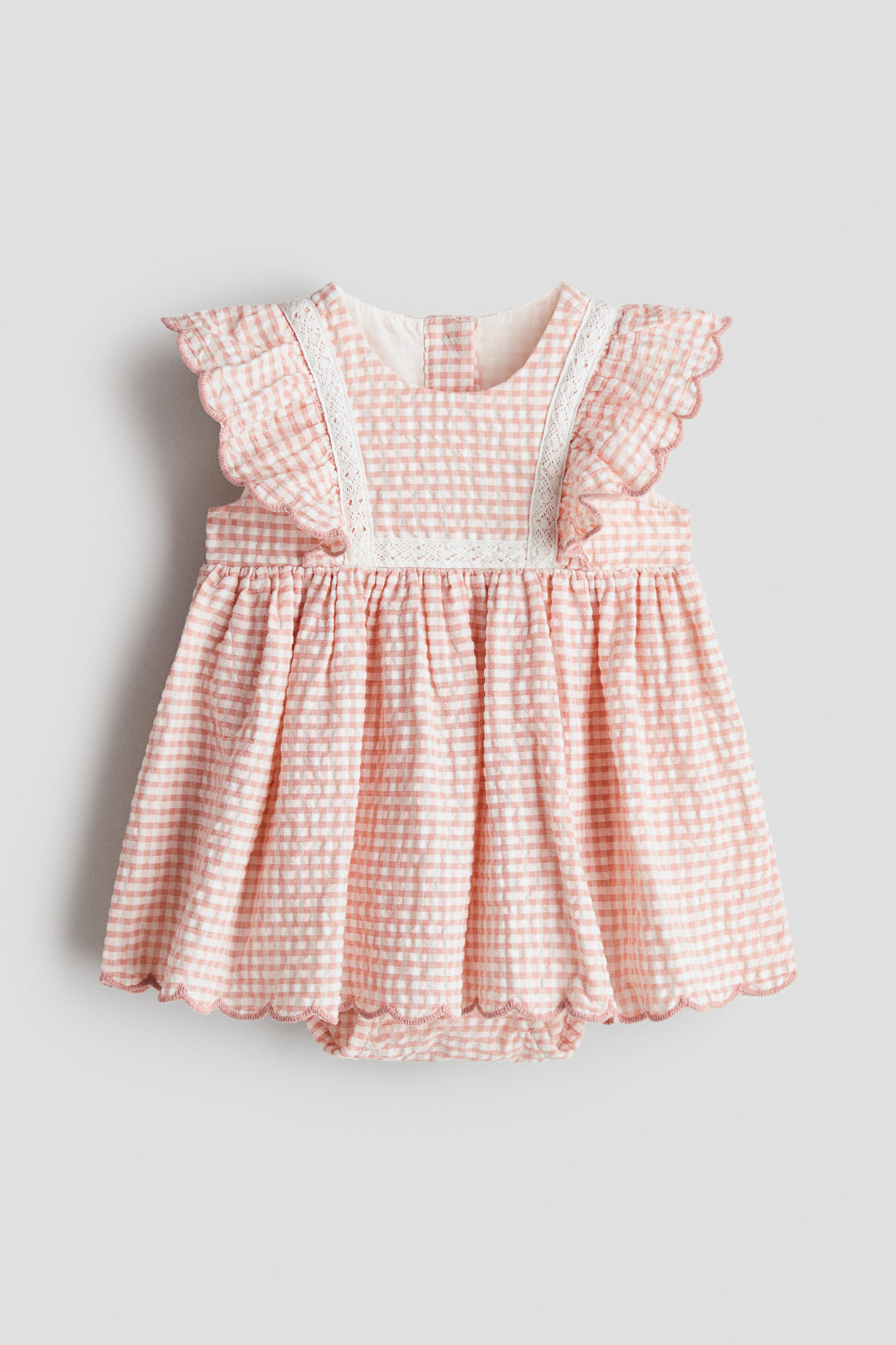 Cotton muslin bodysuit dress — Light pink/Checked