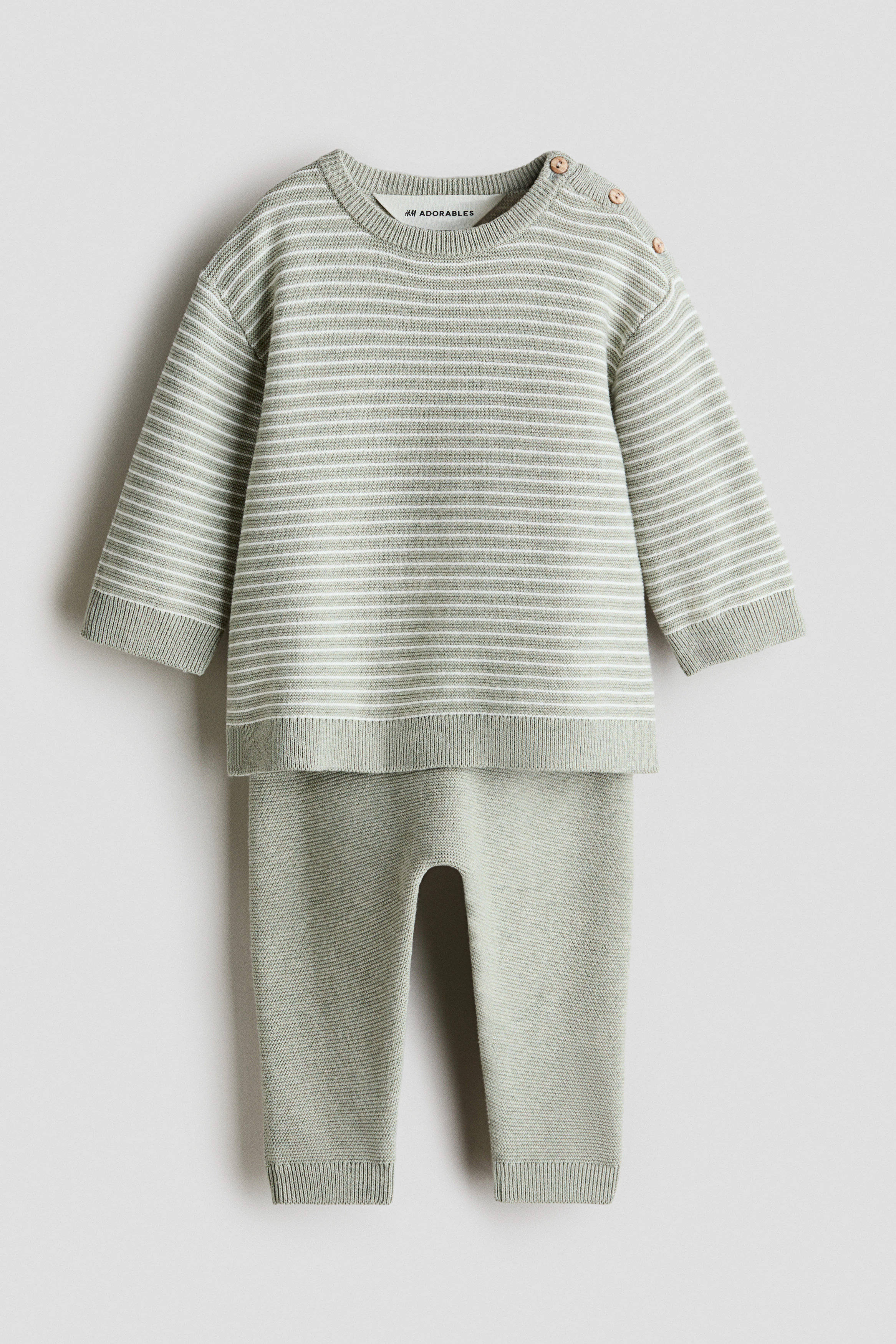 2-piece fine-knit cotton set — Light khaki green/Striped