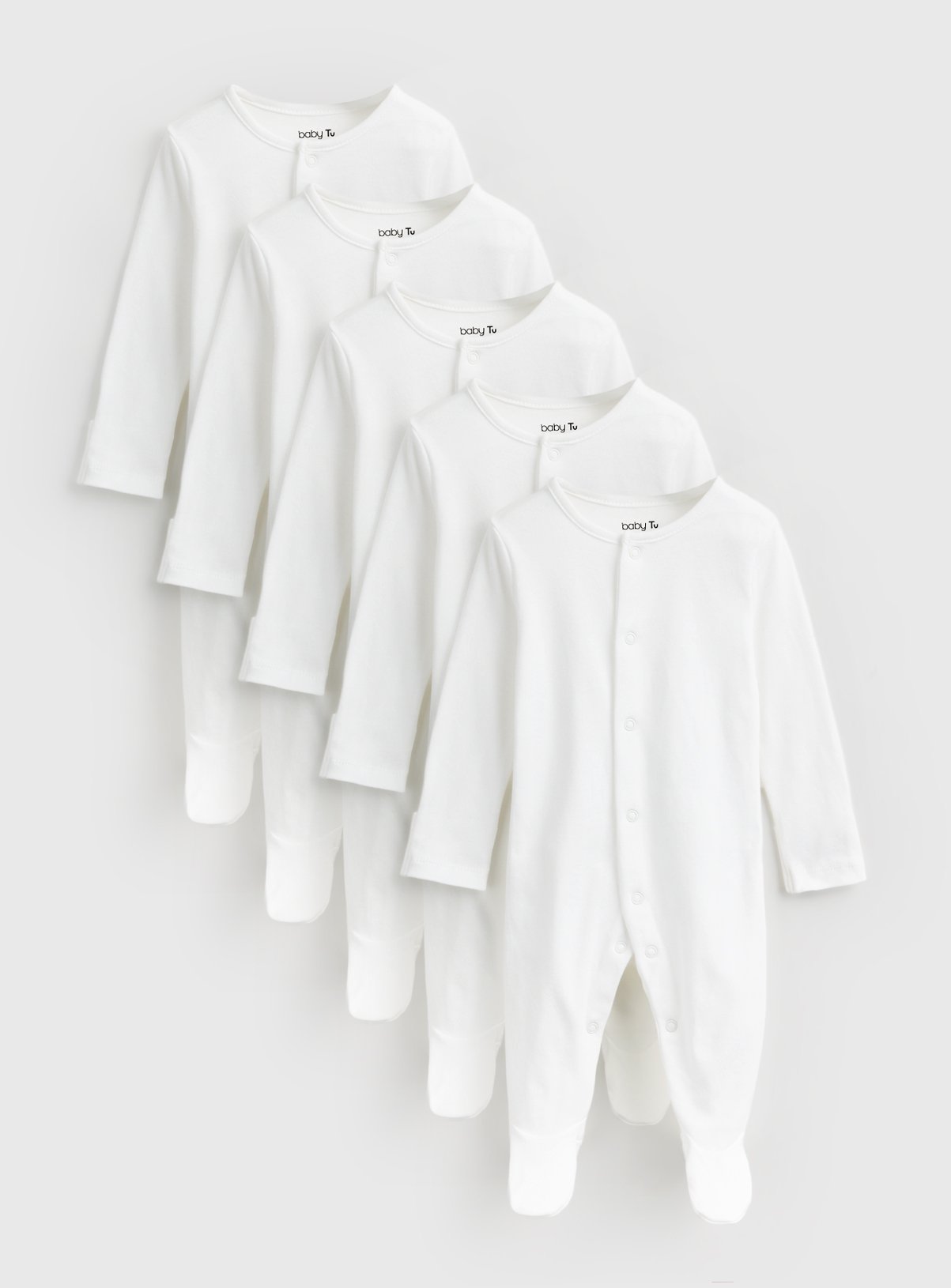 White Long Sleeve Sleepsuits 5 Pack