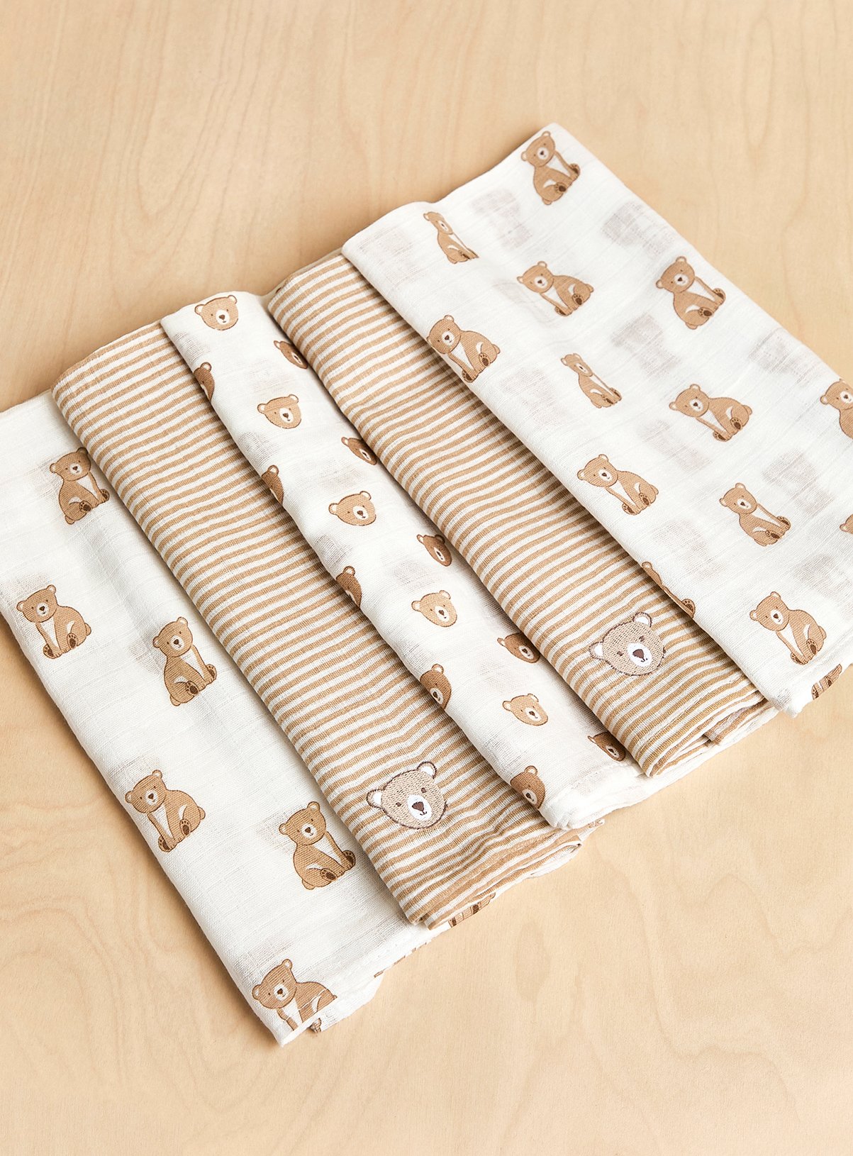 JOJO MAMAN BÉBÉ 5 Pack Bear Embroidered Muslins — Brown