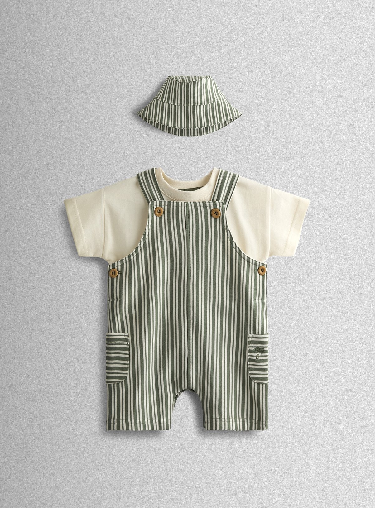 JOJO MAMAN BÉBÉ 3 Piece Stripe Dungarees & T Shirt Set With Hat 6-12 months — Green